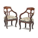 A PAIR OF SMALL ARMCHAIRS IN MAHOGANY, GENOA MID-19TH CENTURY with bent and pierced backs and arms