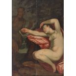 FLEMISH PAINTER ACTIVE IN ITALY, FIRST HALF OF 17TH CENTURY SATYR AND NYMPH Oil on panel, cm. 66 x