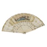 FAN IN PAPER AND BONE, FRANCE 19TH CENTURY decorated with landscape with bridge. Measures cm. 26 x