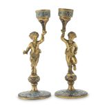 PAIR OF SMALL CANDLESTICKS IN BRONZE, PROBABLY RUSSIA 19TH CENTURY with Carthusian decorum to