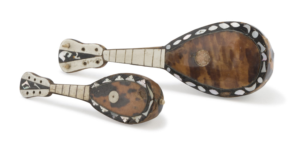 TWO MODELS OF MANDOLINS, NAPLES 19TH CENTURY plated in turtle, with inserts in nacre and bone.