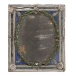MIRROR IN BLOWN GLASS, VENICE SECOLO with crown of laurel applied in green glass paste, on cobalt