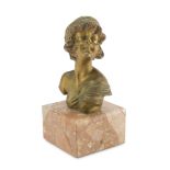 ORMOLU BUST OF YOUNG GIRL, 19TH CENTURY with little hat and turned head. Base in pink Verona marble.