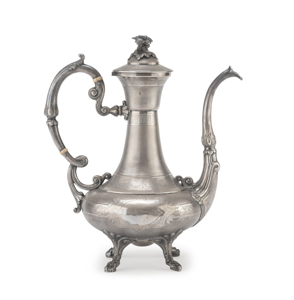 SILVER JUG, PUNCH FRANCE POST 1838 dotted body with floral decorums. Handle with separators. Title