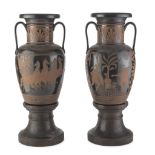 PAIR OF AMPHORAS IN CERAMICS, 20TH CENTURY with red figures, and metopes representing a scene with