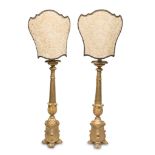 PAIR OF GILTWOOD CANDLESTICKS, LATE 18TH CENTURY column shafts coated with acanthus leaves. Base