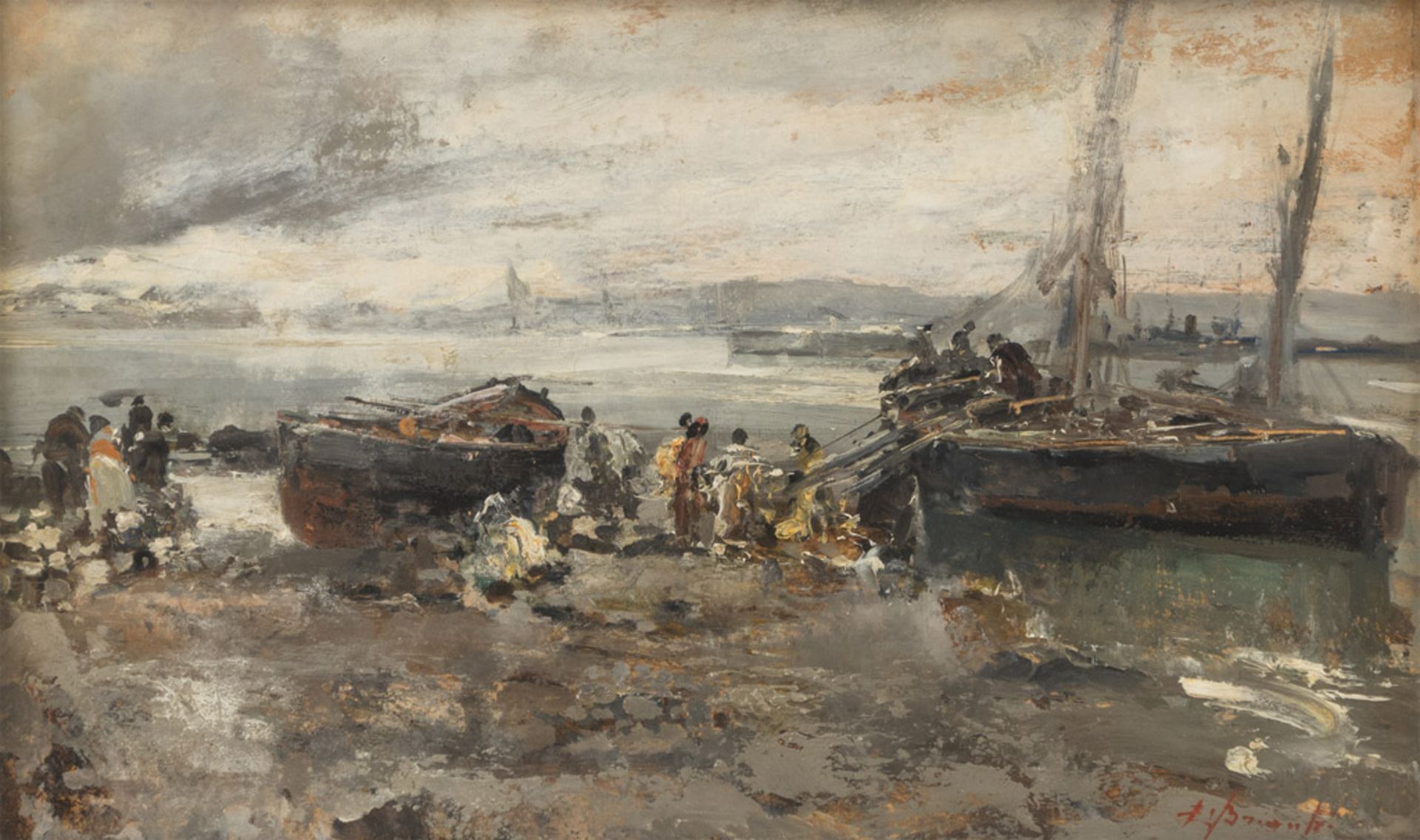 EZELINO BRIANTE (Naples 1901 - Rome 1971) BOATS ON THE SHORE Oil on cardboard, cm. 25 x 43 Signed