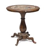 RARE SMALL TABLE IN WALNUT, 19TH CENTURY with oval top, centered by antique inlaid marbles mounted