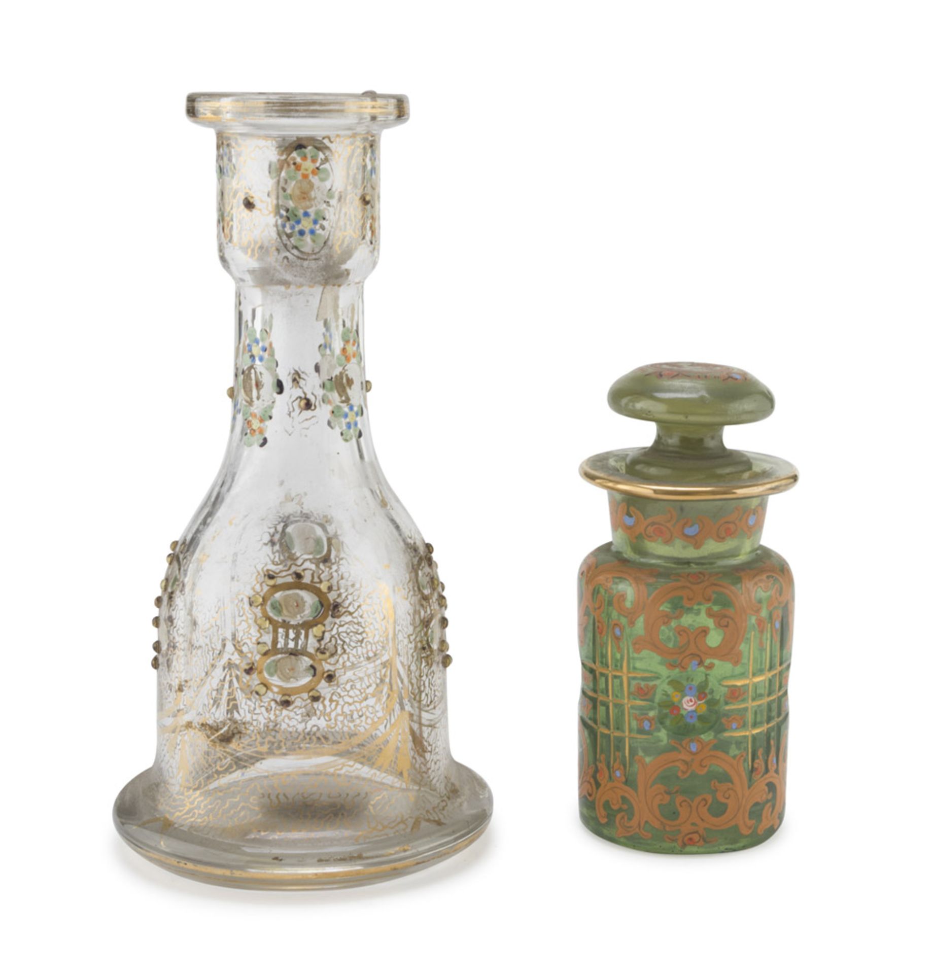 GLASS BOTTLE AND PERFUME BOTTLE, LATE 19TH CENTURY polychrome painted. Measures bottle cm. 29 x