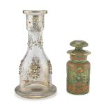 GLASS BOTTLE AND PERFUME BOTTLE, LATE 19TH CENTURY polychrome painted. Measures bottle cm. 29 x
