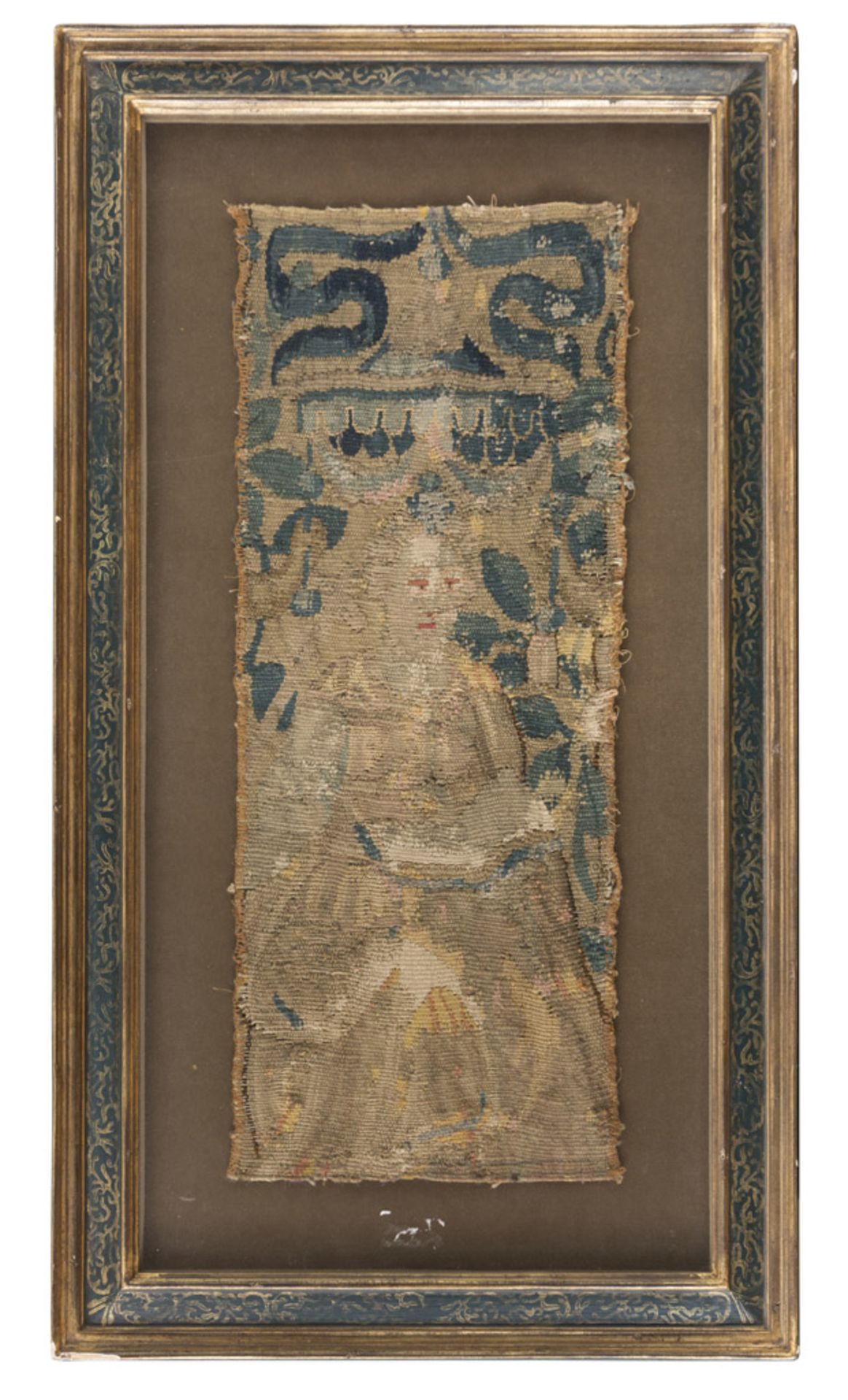 A PAIR OF ARRAS FRAGMENTS, 17TH CENTURY representing figures of women with book and floral motifs. - Image 2 of 2