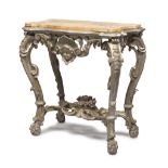BEAUTIFUL SMALL CONSOLE IN SILVER-PLATED WOOD, PROBABLY ROME, 18TH CENTURY with top in yellow marble