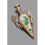 PERFUME BOTTLE PENDANT in gilded silver shaped to small amphora decorated with green enamel.