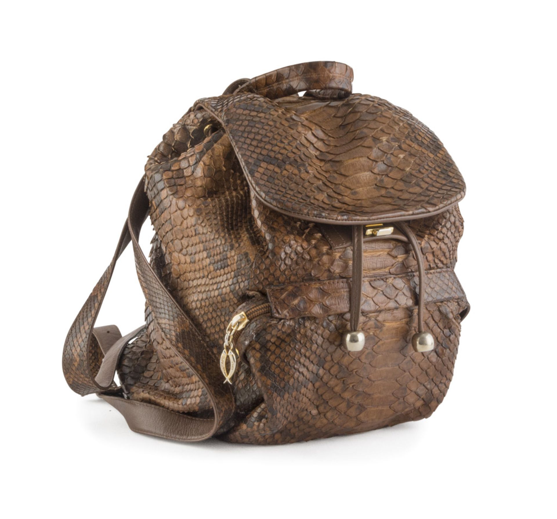 BACKPACK TUSCAN'S in leather of light brown python, frontal pocket with zipper. ZAINETTO TUSCAN'S in