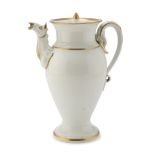 PORCELAIN TEAPOT, BRAND GINORI, 19TH CENTURY white and gold enamelled with newt handle and horse