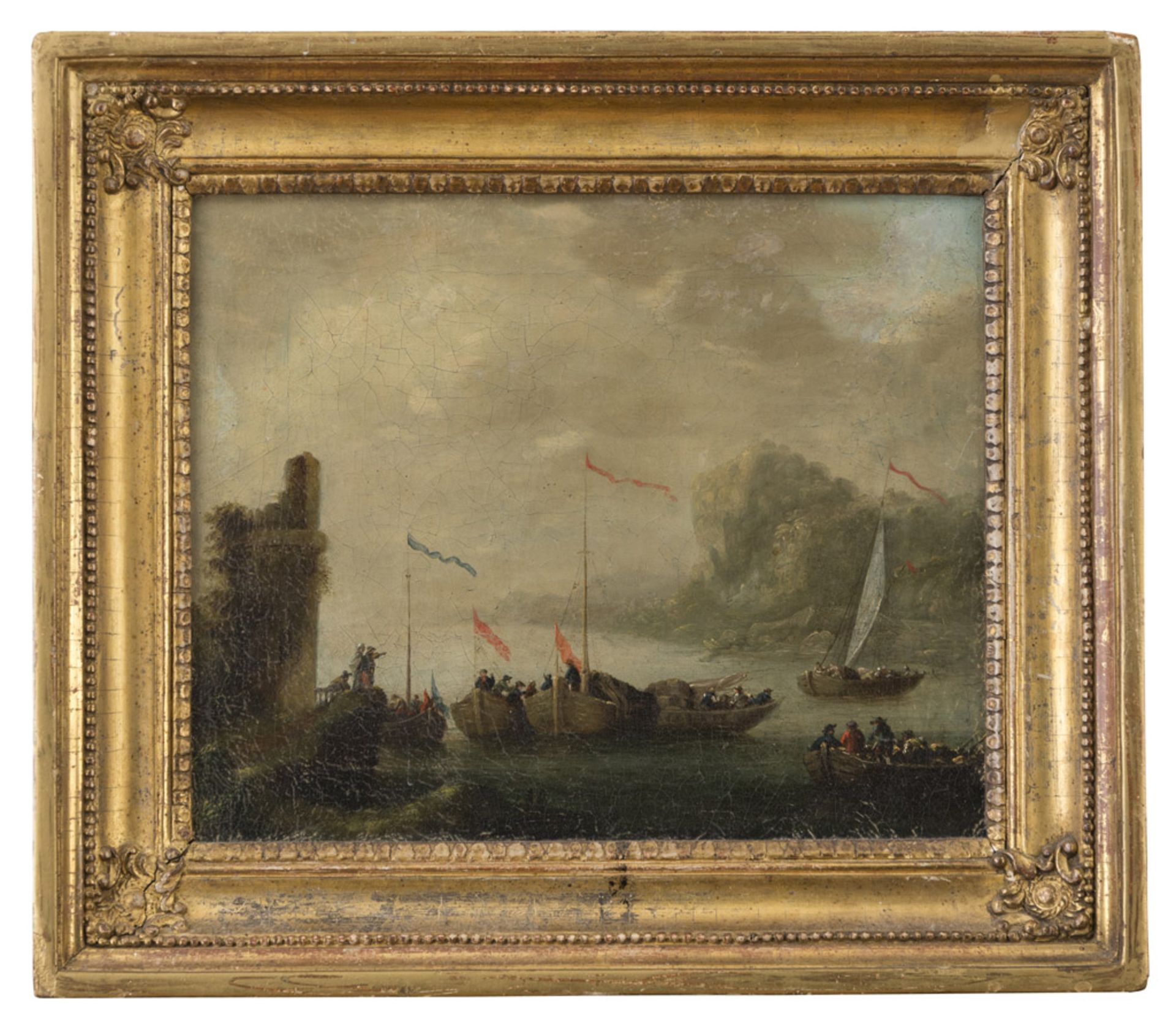 DUTCH PAINTER, 18TH CENTURY COASTLINE VIEW WITH BOATS Oil on canvas, cm. 28,5 x 33 CONDITIONS OF THE