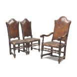 ARMCHAIR AND TWO WALNUT CHAIRS, CENTRAL ITALY, 17TH CENTURY tall crenellated back, shaped arms