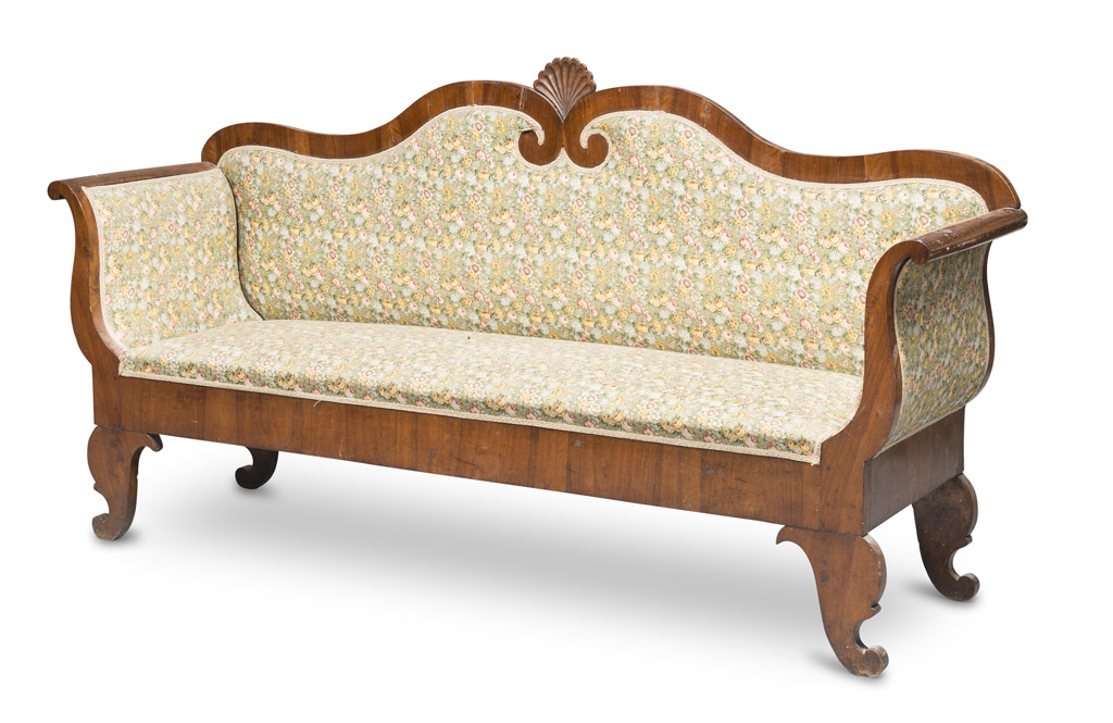 WALNUT COUCH, EARLY 19TH CENTURY back with double scrolls centered by roccaille, dolphin legs.