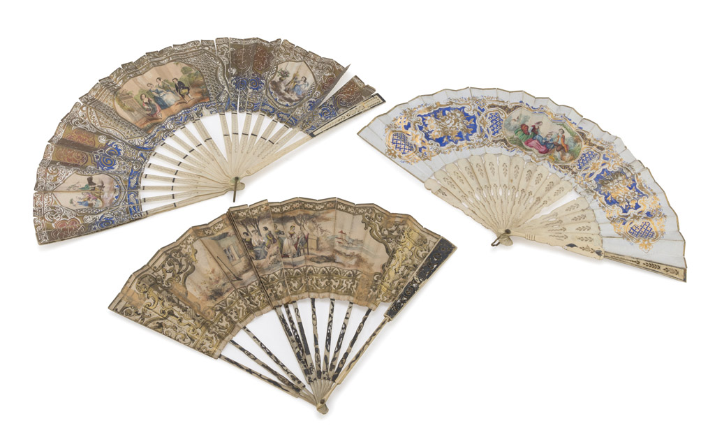 THREE FANS IN PAINTED PAPER, FRANCE 19TH CENTURY decorated with popular and aristocratic scenes and.