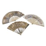 THREE FANS IN PAINTED PAPER, FRANCE 19TH CENTURY decorated with popular and aristocratic scenes and.