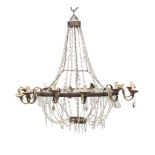 SPLENDID BELL CHANDELIER, EMPIRE PERIOD with elements in gilded metal and wrought iron. Twelve