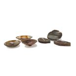 FIVE OBJECTS IN AGATHA AND HARD STONES, 20TH CENTURY some shaped to ashtray and small basins.