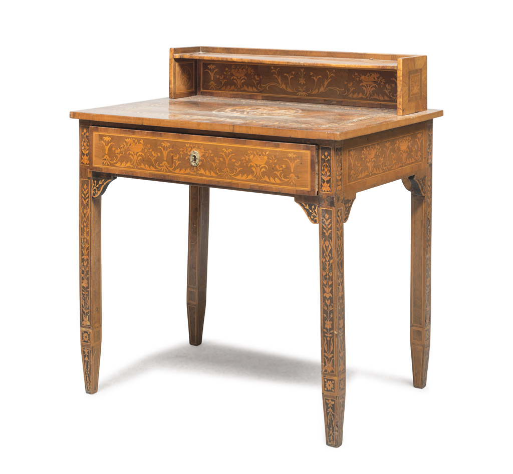 WRITING DESK WITH HUTCH, LOMBARD MANUFACTURE, EARLY 19TH CENTURY marquetry in walnut, with inlays