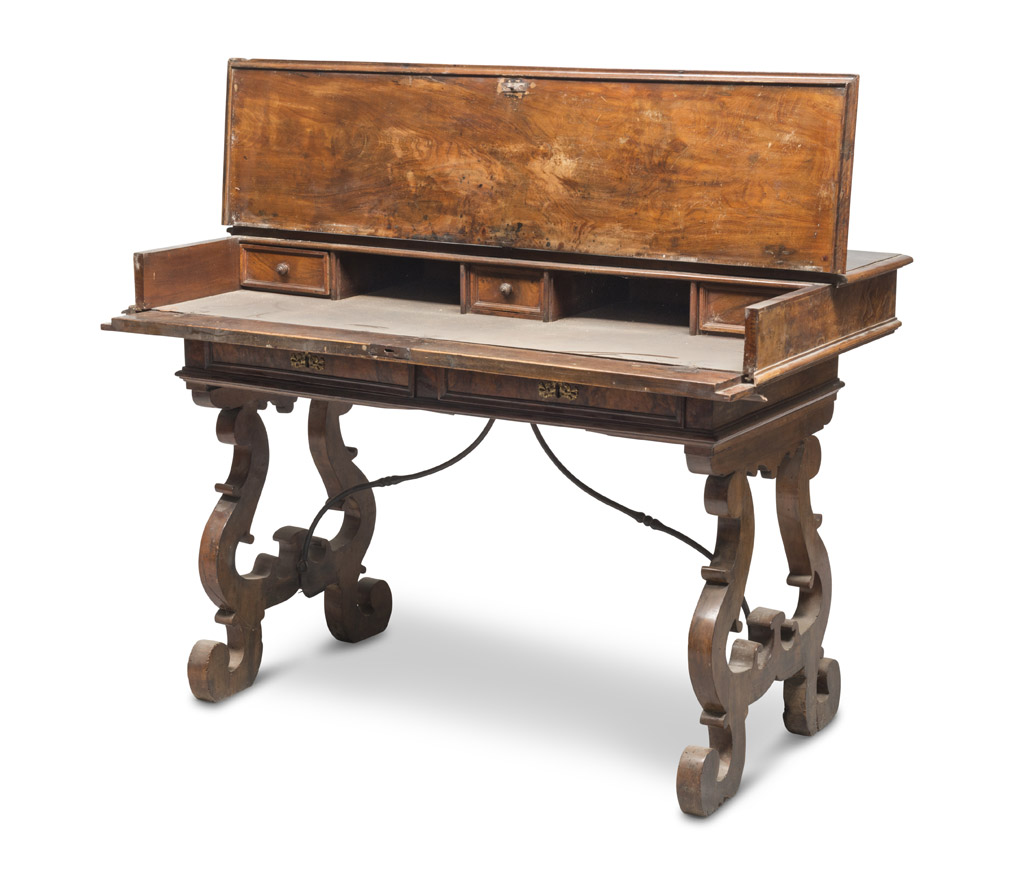 FLIP-TOP DESK IN WALNUT AND BRIAR WALNUT, ROME ANTIQUE ELEMENTS three drawers and two compartments - Image 2 of 2