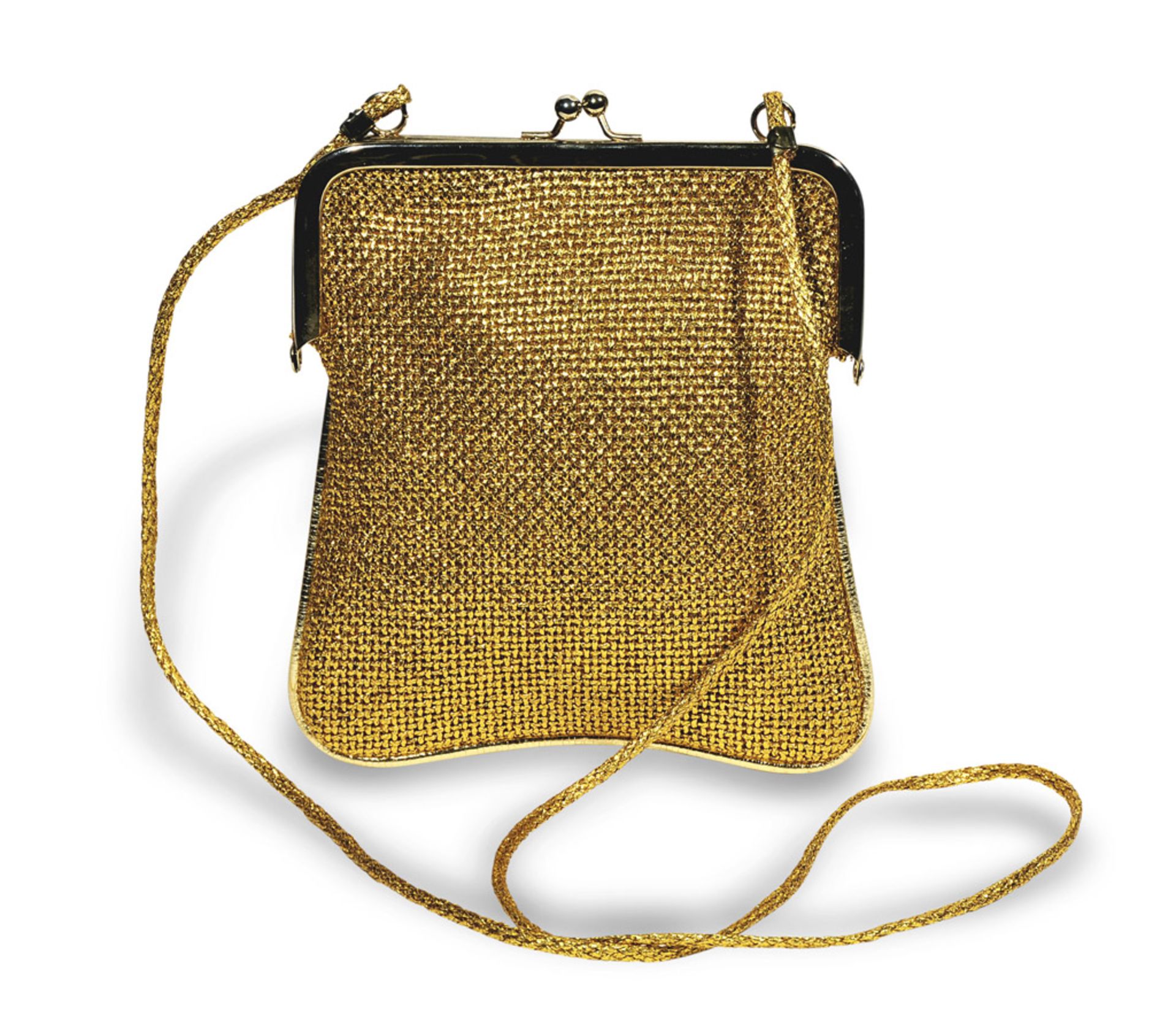 Purse, 1970s in golden fabric with shoulder strap. BORSELLINO, ANNI '70 con tracolla in tessuto
