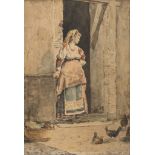 CESARE CAROSELLI (Genazzano 1847 - Rome 1927) WOMAN ON THE DOOR Watercolour on paper, cm. 34 x 24
