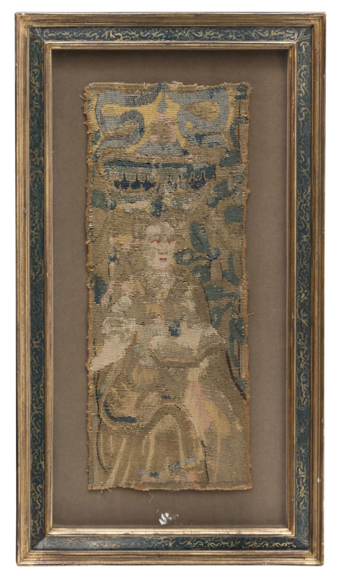 A PAIR OF ARRAS FRAGMENTS, 17TH CENTURY representing figures of women with book and floral motifs.