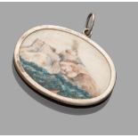 PENDANT WITH NACRE, LATE 19TH CENTURY painted with coastal landscape with castle. Mount in oval