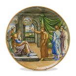 CERAMIC DISH, MOLARONI PESARO EARLY 20TH CENTURY polychrome decorated with biblical scene of