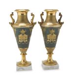 A PAIR OF PORCELAIN VASES, PROBABLY FRANCE 19TH CENTURY in gold and polychromy on greenish ground,