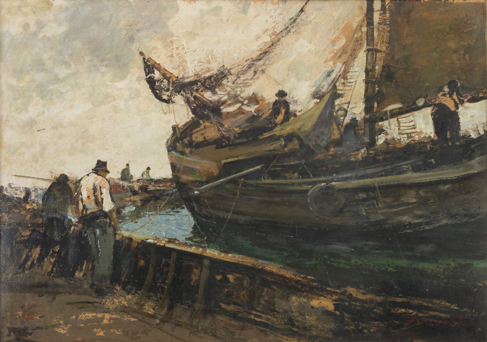 EZELINO BRIANTE (Naples 1901 - Rome 1971) RETURN FROM FISHING Oil on cardboard, cm. 48 x 67 Signed