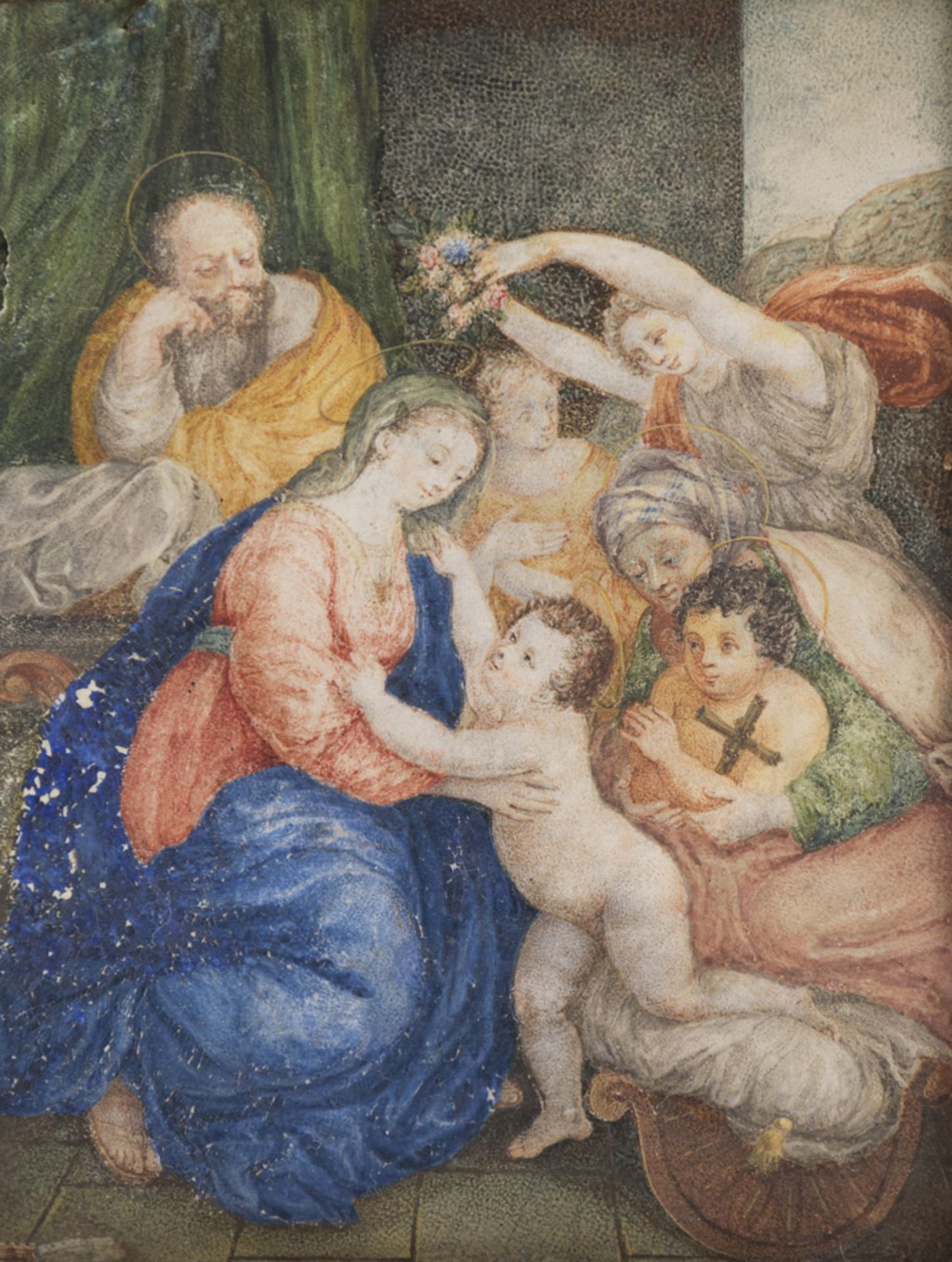 ROMAN PAINTER, 18TH CENTURY SACRED FAMILY WITH HOLY ELIZABETH AND INFANT ST. JOHN mixed technique