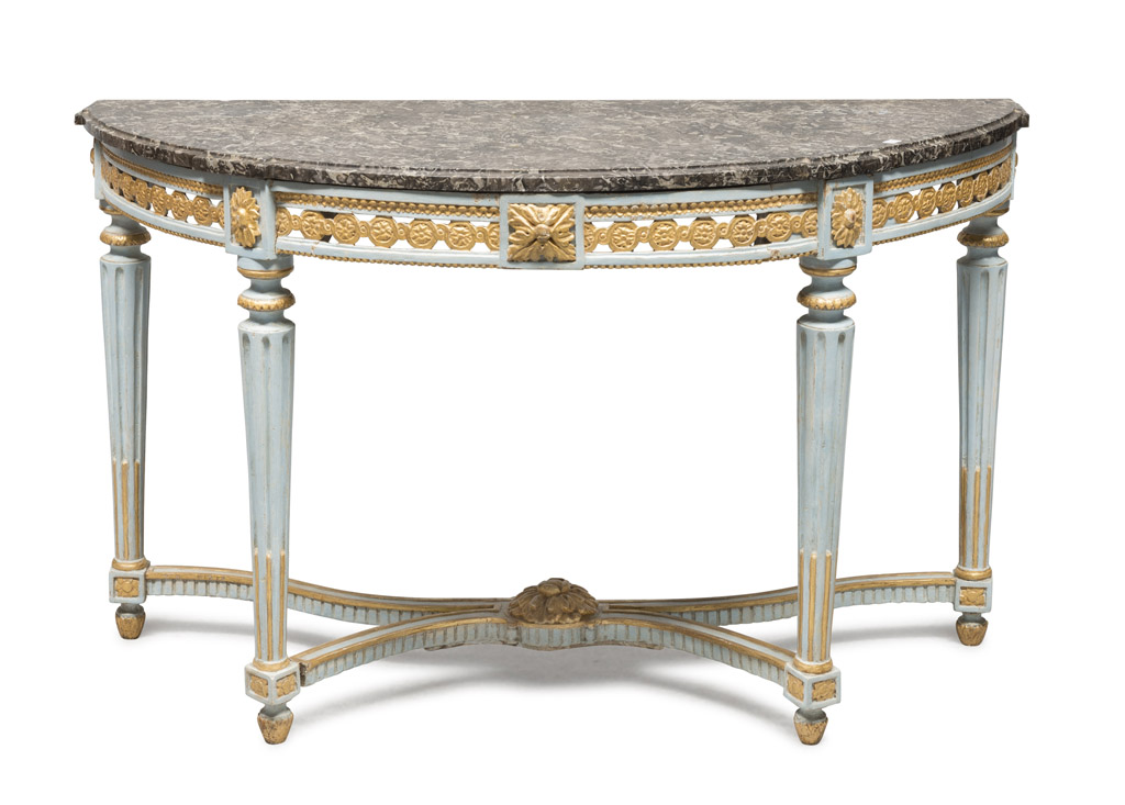 BEAUTIFUL CRESCENT CONSOLE, PROBABLY NAPLES, PERIOD LUIGI XVI in light blue and gold lacquered wood,