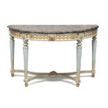 BEAUTIFUL CRESCENT CONSOLE, PROBABLY NAPLES, PERIOD LUIGI XVI in light blue and gold lacquered wood,