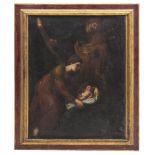 VENETIAN PAINTER, 17TH CENTURY NATIVITY Oil on canvas, cm. 78 x 61,5 Frame to red lacquer PROVENANCE