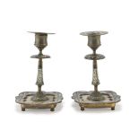 A PAIR OF SMALL CANDLESTICKS IN METAL AND ENAMELS, PROBABLY RUSSIA, EARLY 20TH CENTURY with