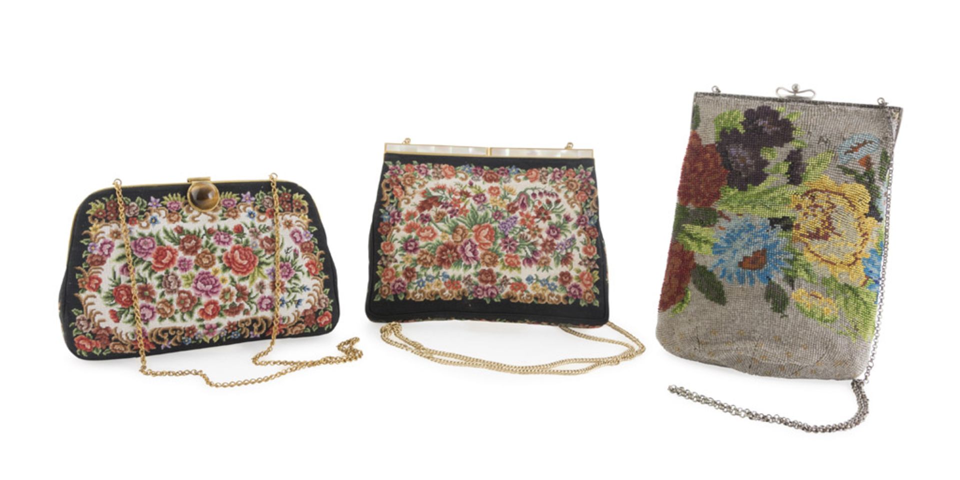 THREE VINTAGE PURSES, 1940S in gross-point fabric and beads, with floral figurations. Hinges in