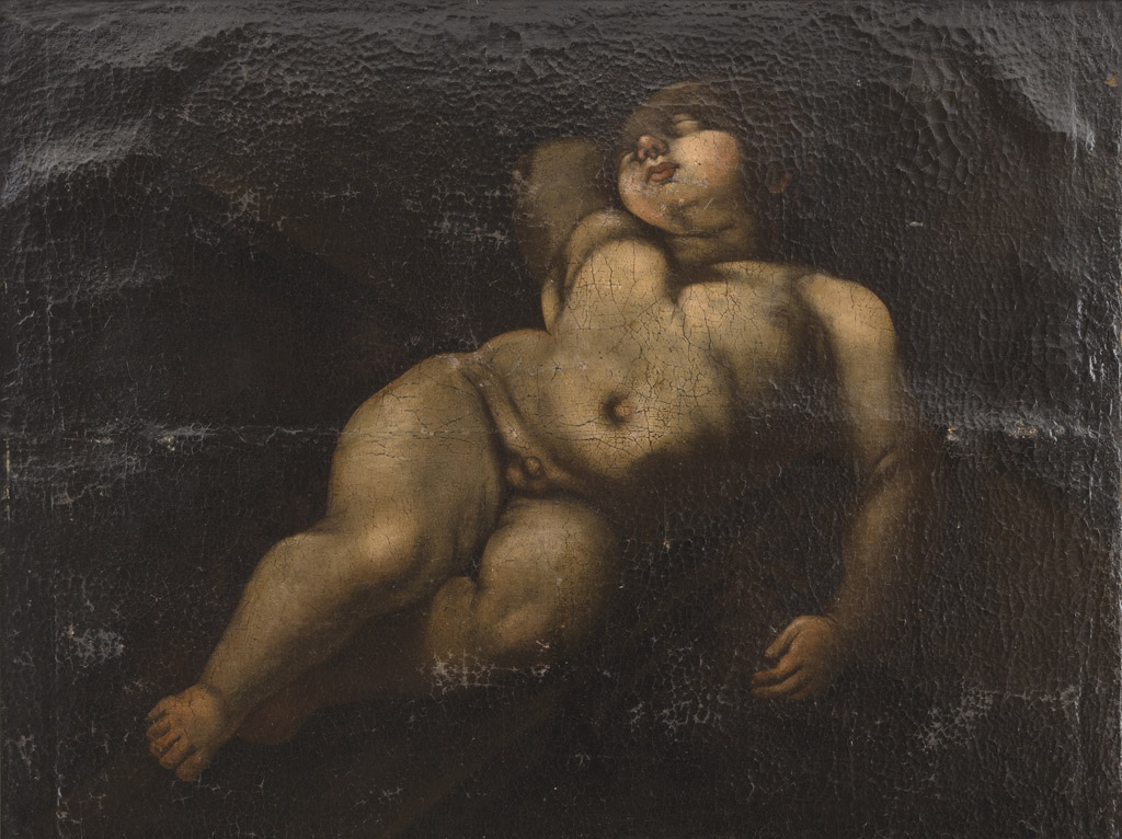 GENOESE PAINTER, 17TH CENTURY SLEEPING PUTTO Oil on canvas applied on panel, cm. 48,5 x 63 Framed