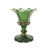 GLASS VASE, BOEMIA 20TH CENTURY with highlights in gold. Measures cm. 12 x 30. Breaks and defects.