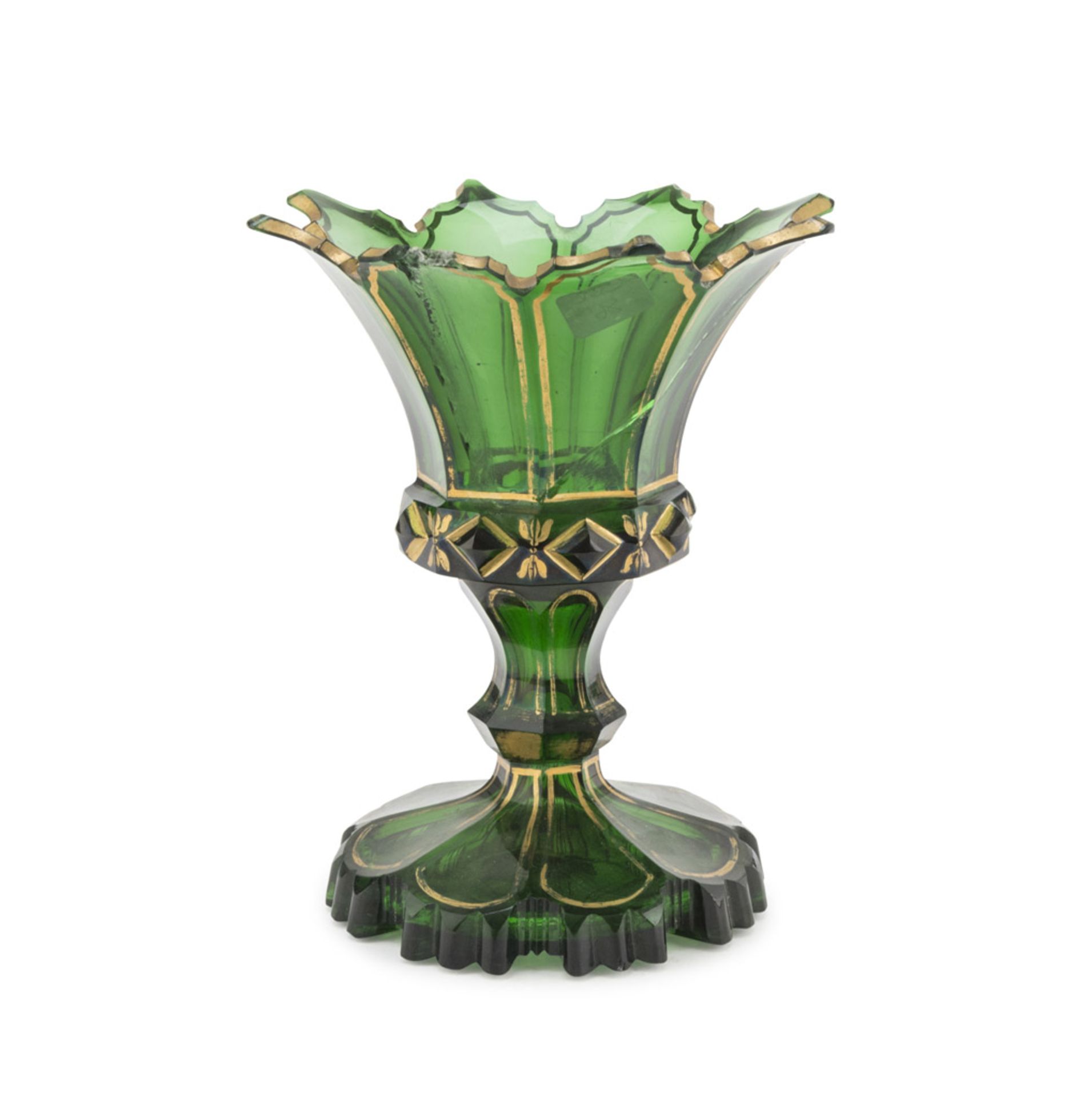 GLASS VASE, BOEMIA 20TH CENTURY with highlights in gold. Measures cm. 12 x 30. Breaks and defects.