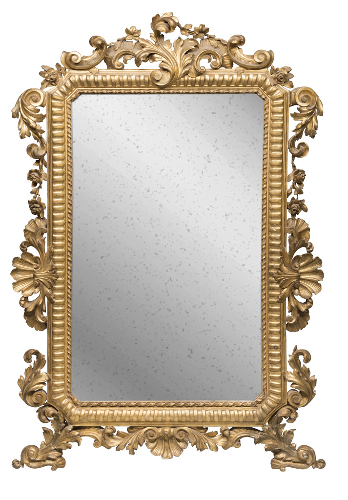 SPLENDID GILTWOOD MIRROR, ELEMENTS OF THE 18TH CENTURY inside frame fluted, with ribbon border.