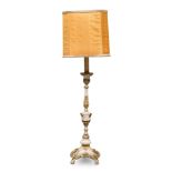 CANDLESTICK IN LACQUERED WOOD, NAPLES SECOLO with ground in white and gold. Sculpted shaft fluted