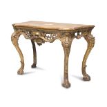 CONSOLE IN GILTWOOD, NAPLES SECOLO top in lacquered antique yellow faux marble, front and band