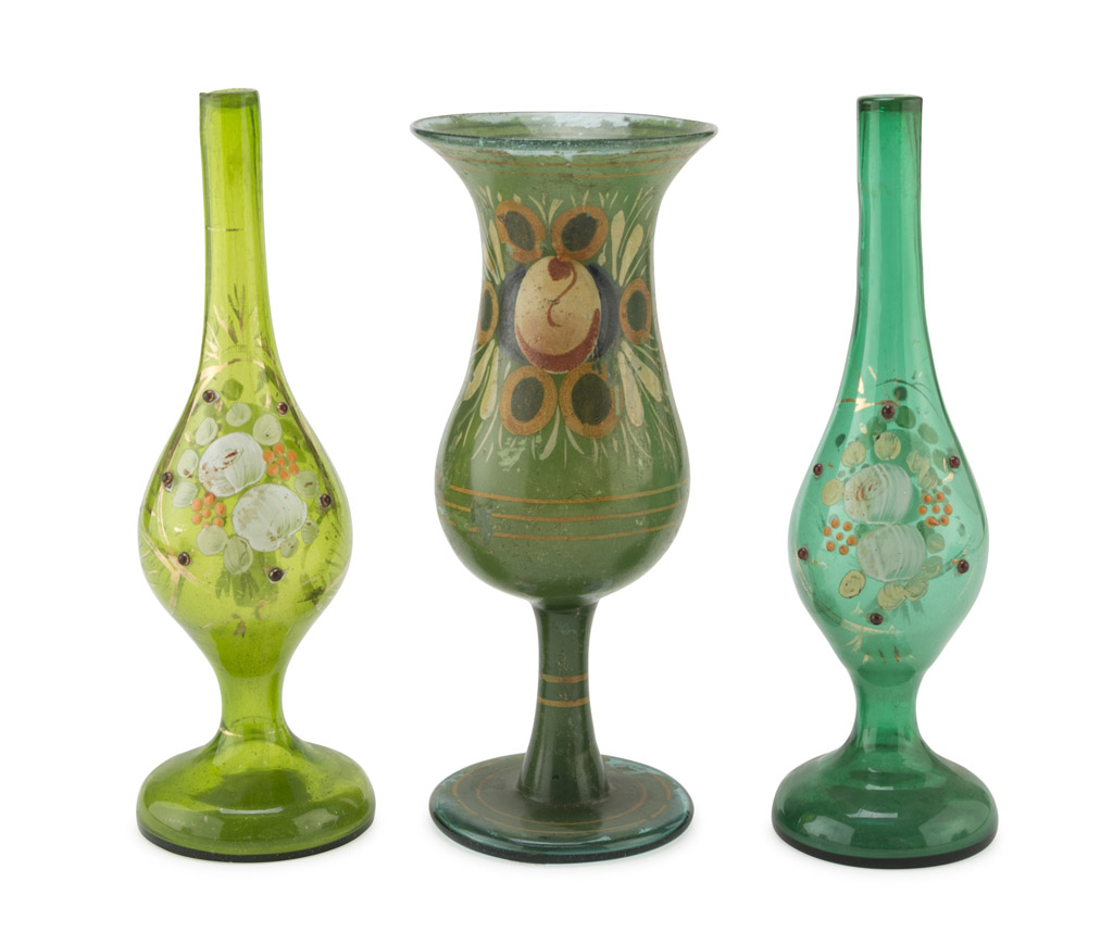 SMALL VASE AND TWO SMALL GLASS BOTTLES, LATE 19TH CENTURY painted with floral motifs on green