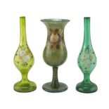 SMALL VASE AND TWO SMALL GLASS BOTTLES, LATE 19TH CENTURY painted with floral motifs on green