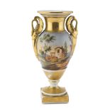 PORCELAIN VASE, 19TH CENTURY in polychromy and gold, decorated with landscapes with houses and